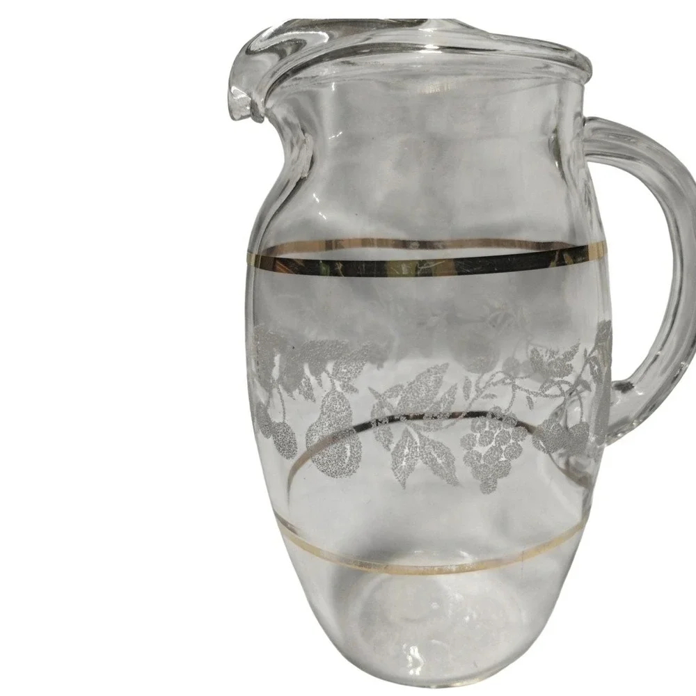 Mid Century Etched Glass Water Pitcher Gold Band Fruit Design‎